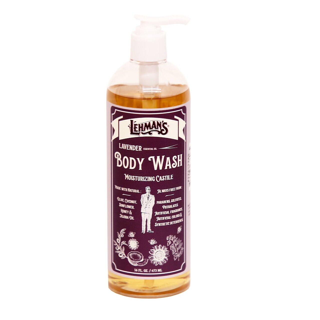 Lehman's Castile Moisturizing Body Wash, All Natural Liquid Soap Gently Cleanses Hands Body and Hair, 16 fl oz
